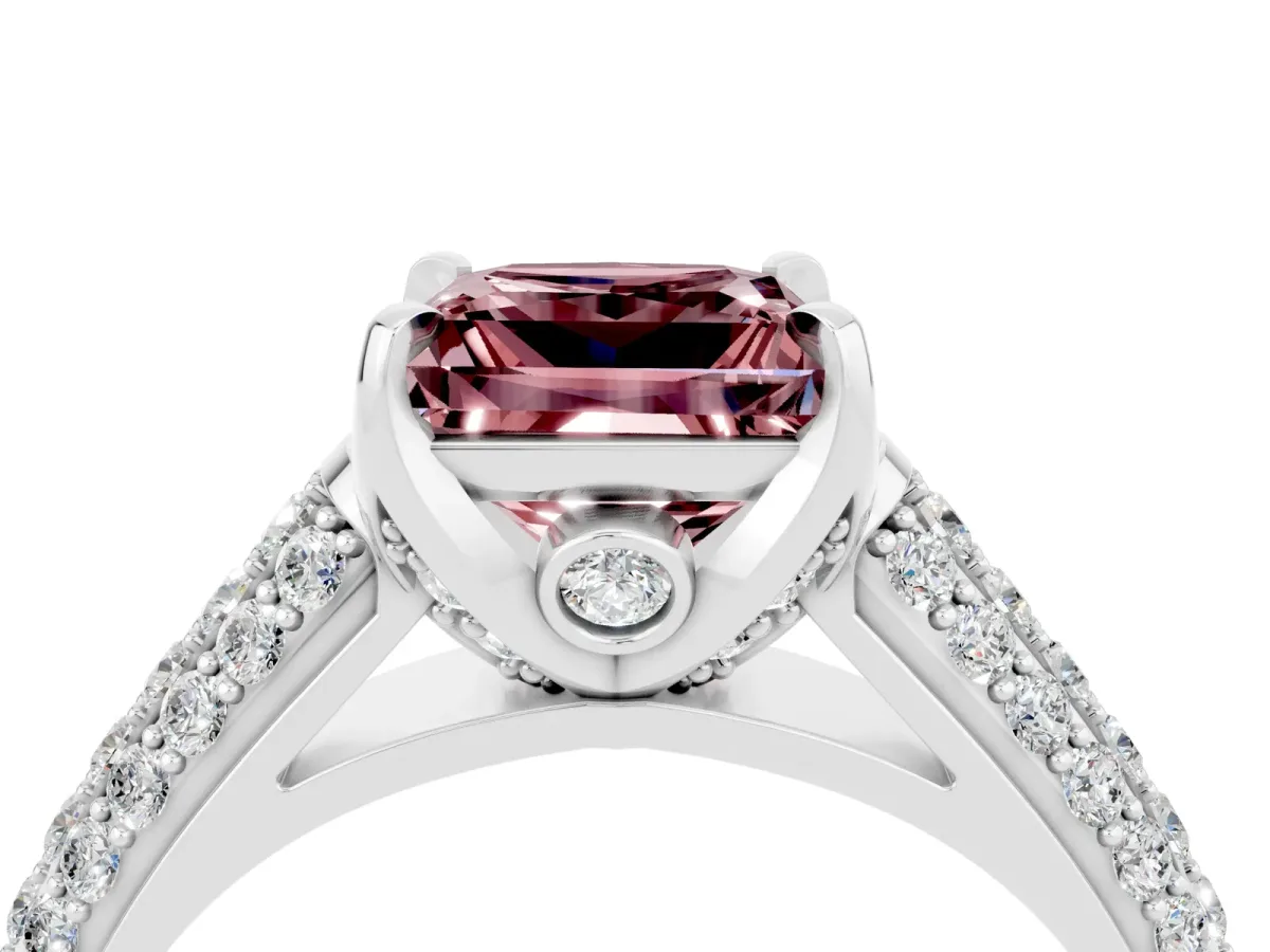 Princess Cut Morganite Solitaire Ring with Three-Row Pavé Band and Four-Prong Setting Platinum