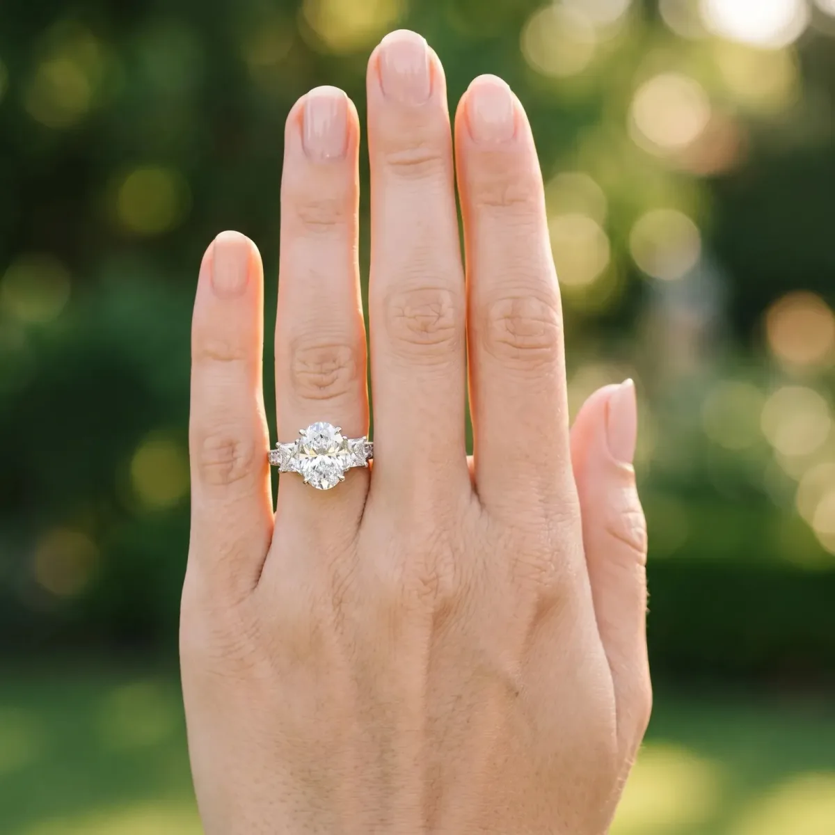 Three-Stone Oval Cut Cut Diamond Ring with Channel Set Band and Four-Prong Setting Platinum
