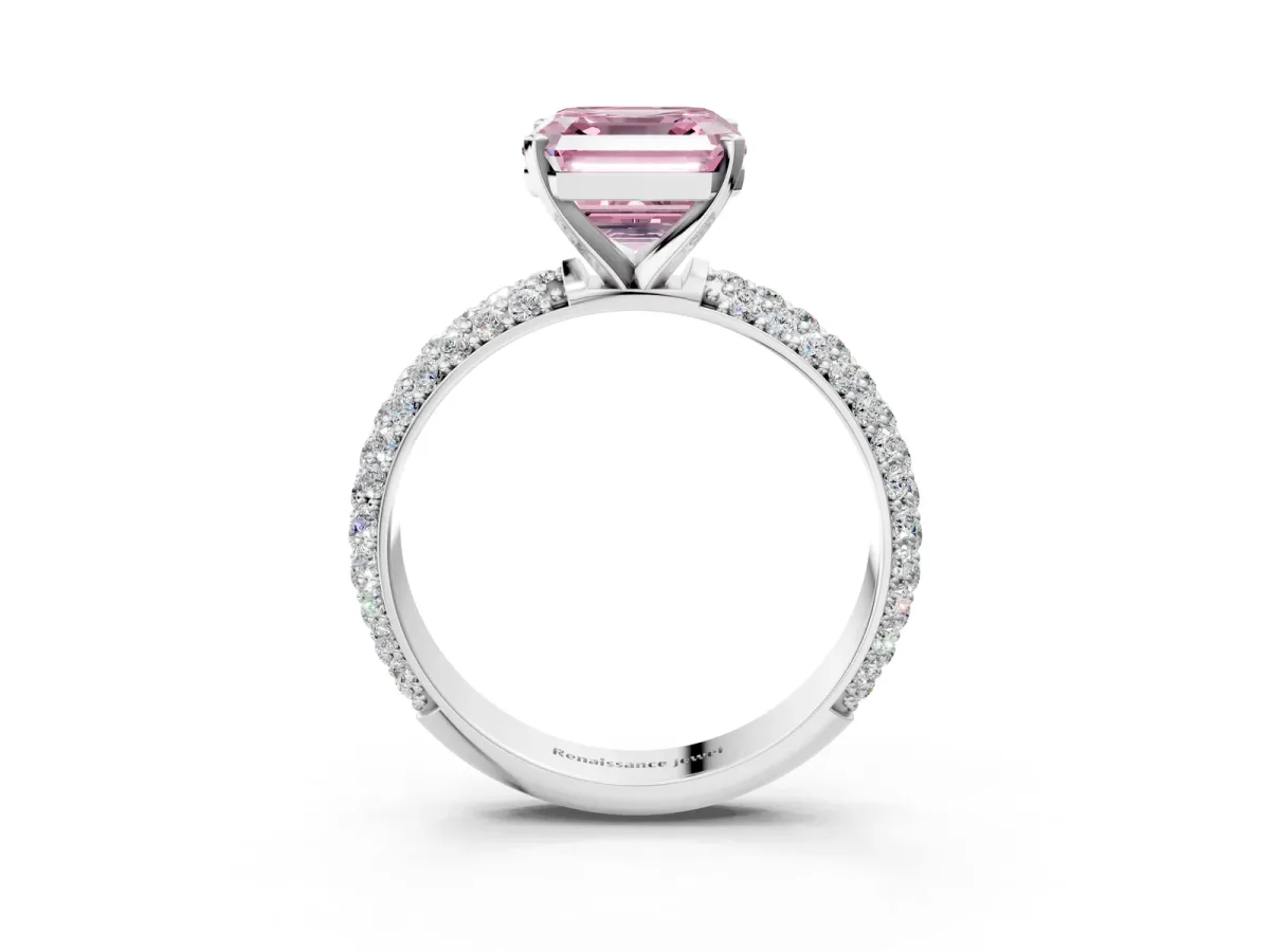 Fancy Pink Asscher Cut Diamond Solitaire Ring with Prong Setting and Pavé Band Platinum