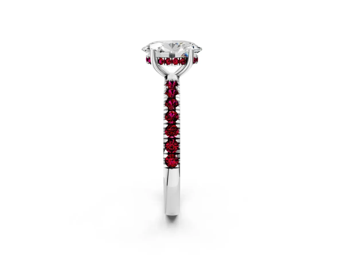 Oval Cut Diamond Pave Band Solitaire Ring with Round Garnet and Prong Setting Platinum