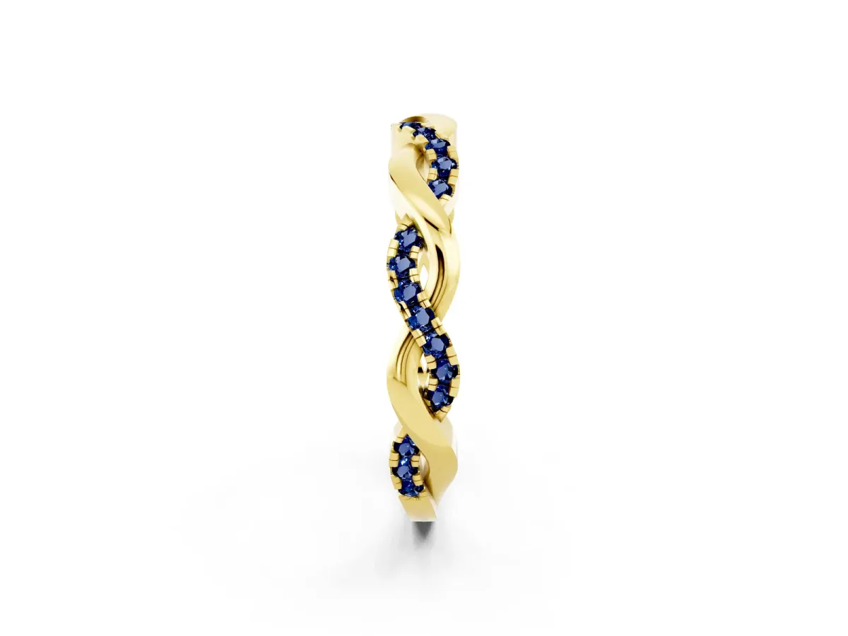 Round Blue Sapphire Twist Eternity Band with Pavé Setting Yellow gold