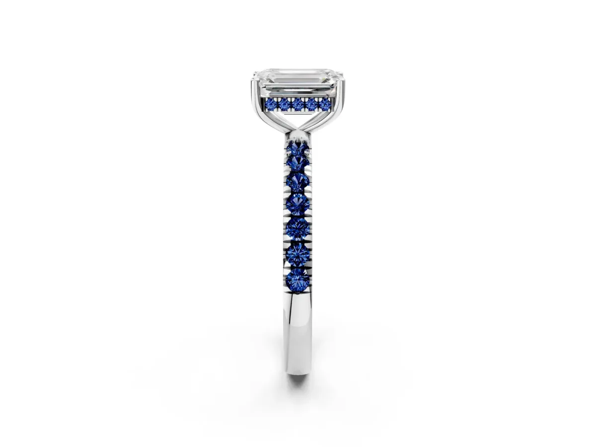 Emerald Cut Diamond Pave Band Solitaire Ring with Round Blue Sapphire and Prong Setting Silver