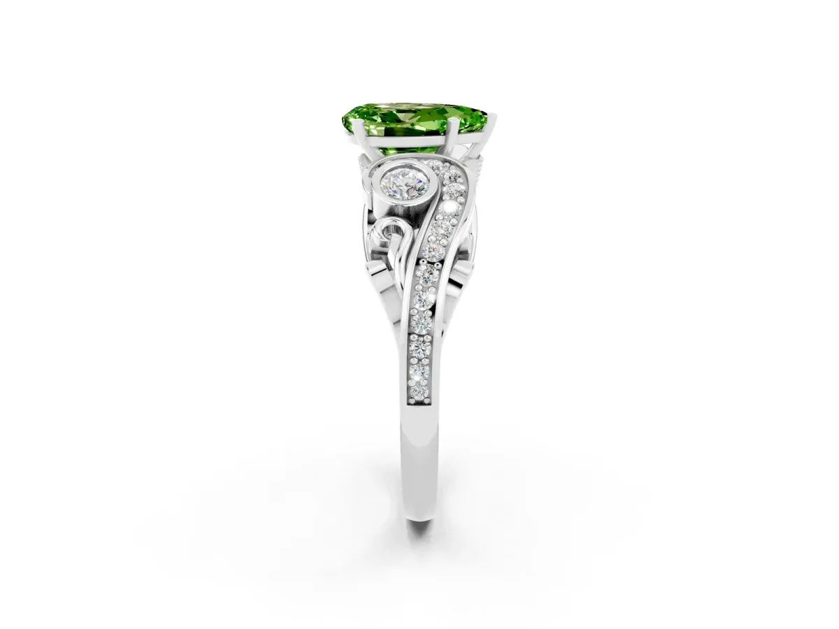 Pear Cut Peridot Solitaire Ring with Milgrain Pavé Band and Four-Prong Setting Silver