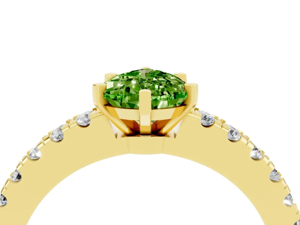 Pear Cut Solitaire Peridot with Pavé Band and Four-Prong Setting Yellow gold