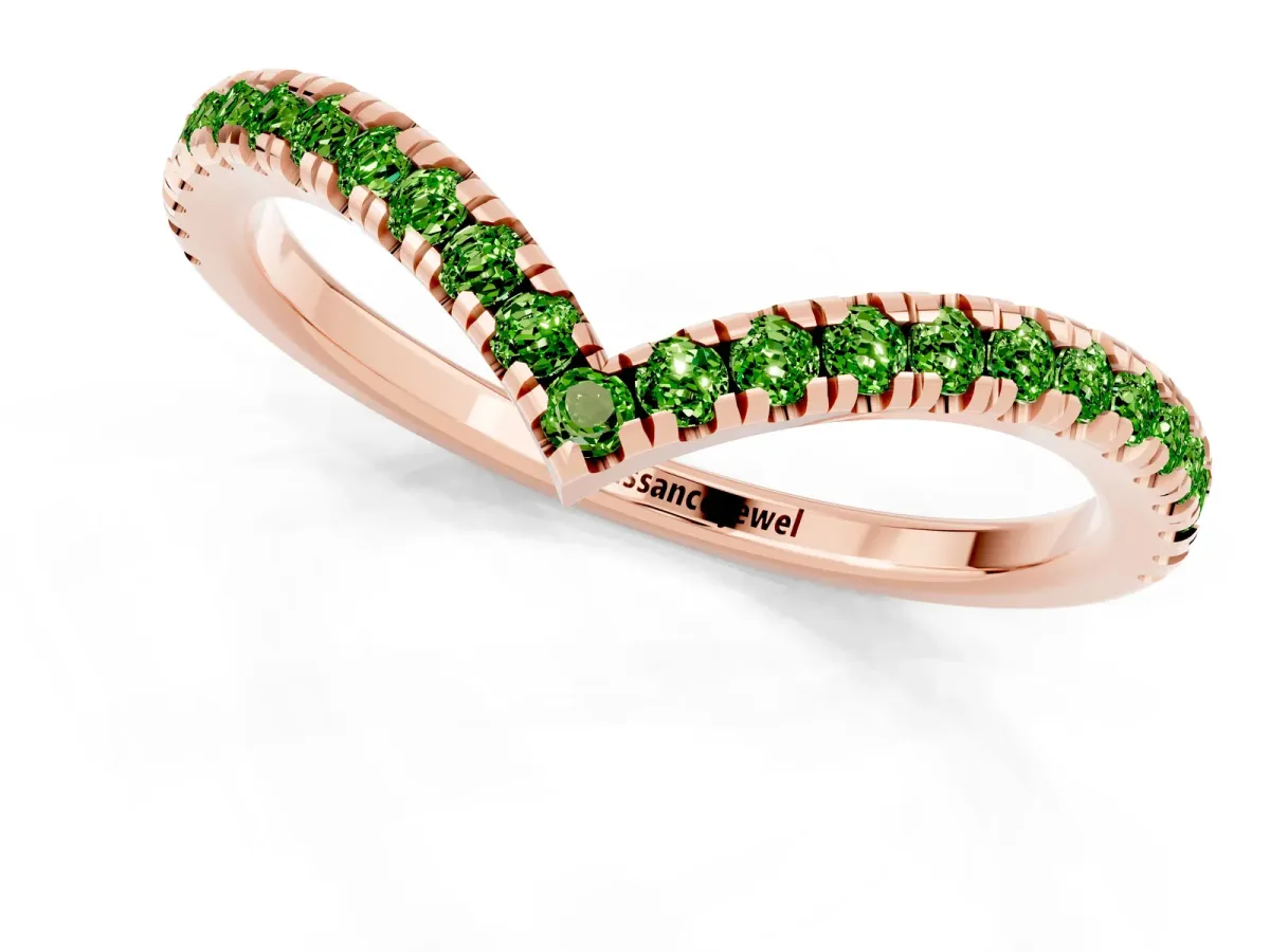 Pavé Round Peridot V-Shaped Chevron Band with Shared Prong Setting Rose gold