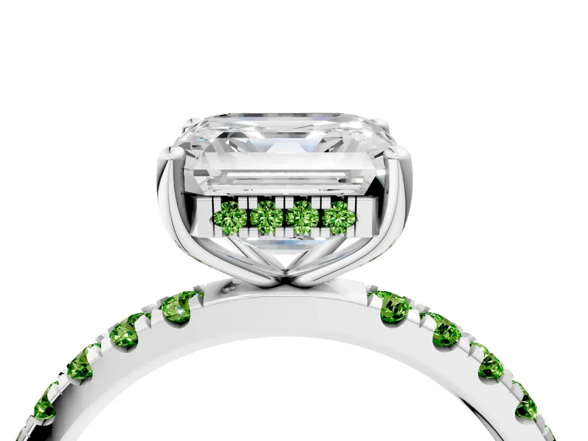 Asscher Cut Diamond Pave Band Solitaire Ring with Round Peridot and Prong Setting Silver