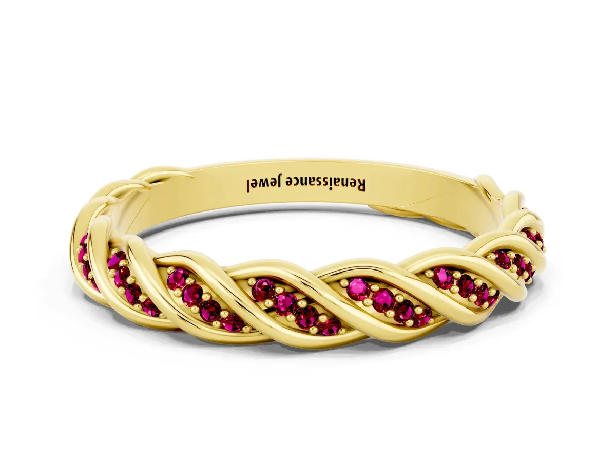 Twisted Pavé Round Garnet Eternity Band with Shared Prong Setting Yellow gold