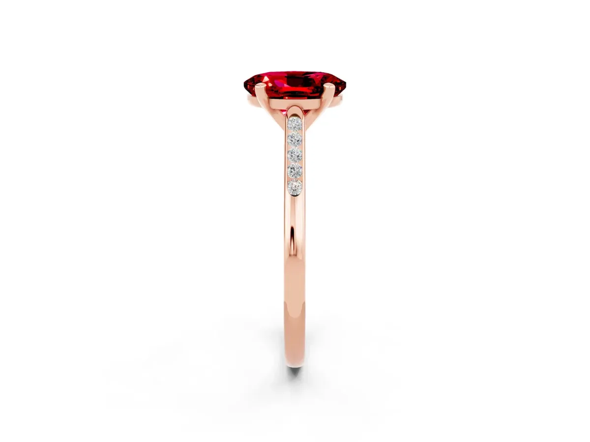 Oval Cut Ruby Solitaire Ring with Channel Set Round Band and Prong Setting Rose gold