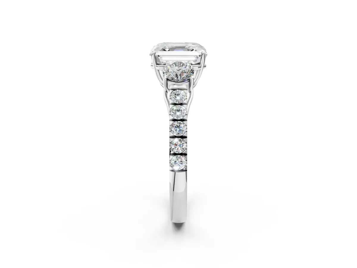Asscher Cut Cut Diamond Three-Stone Ring with Round Side Stones and Pavé Band Platinum