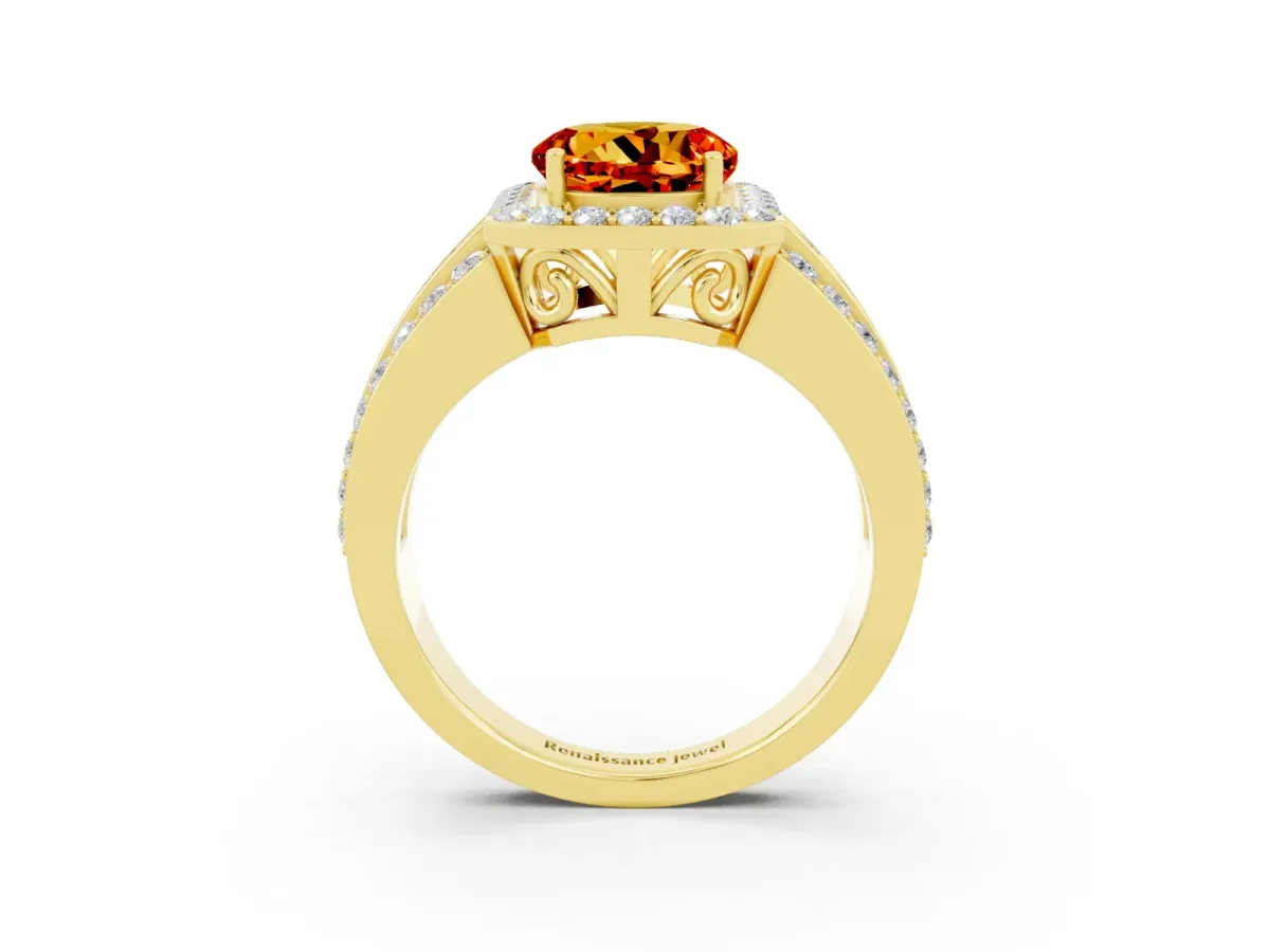Round Cut Halo Citrine Ring with Round Split Shank and Prong Setting Yellow gold