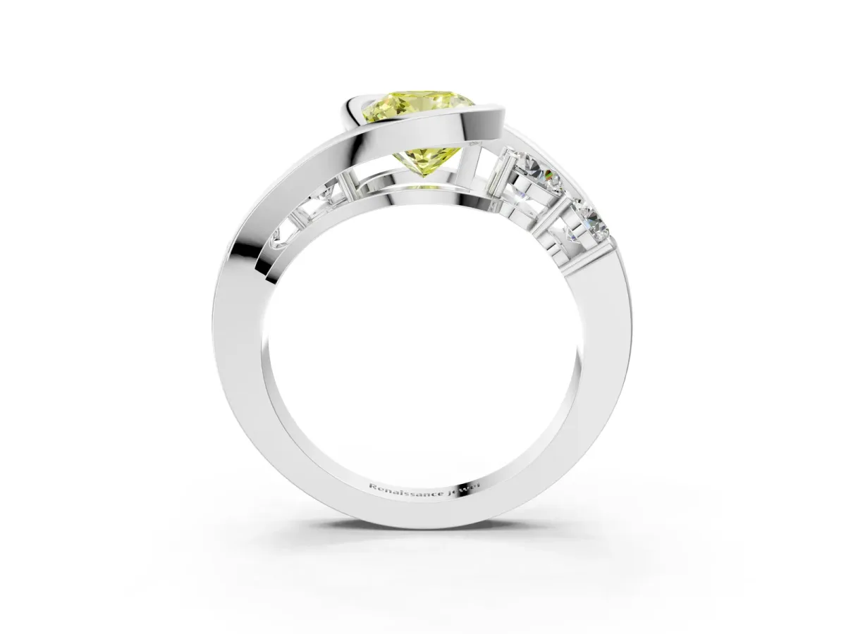 Fancy Yellow Bezel Set Cushion Cut Diamond Bypass Ring with Round Accents Silver