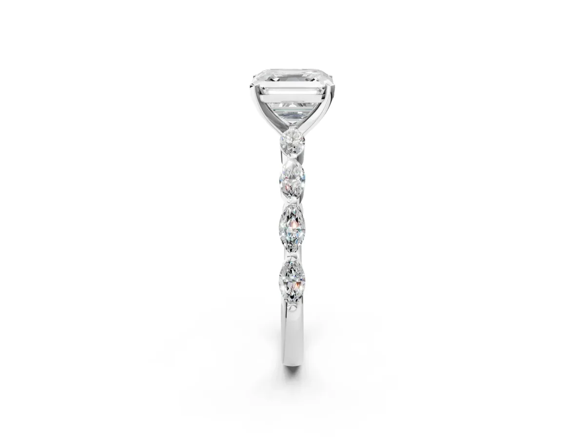 Asscher Cut Diamond Ring with Marquise Side Stones and Prong Setting Platinum