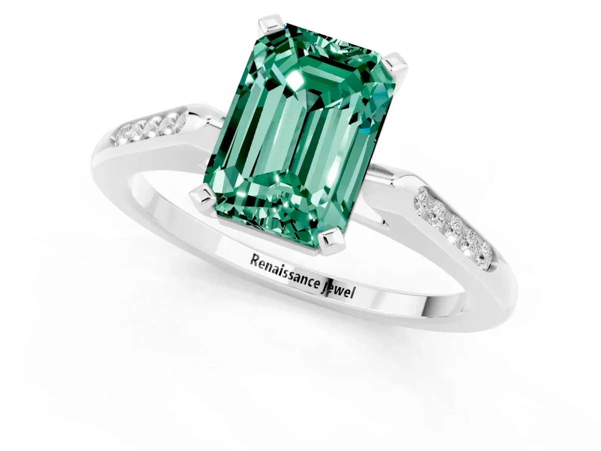 Emerald Cut Green Sapphire Solitaire Ring with Channel Set Round Band and Prong Setting Silver