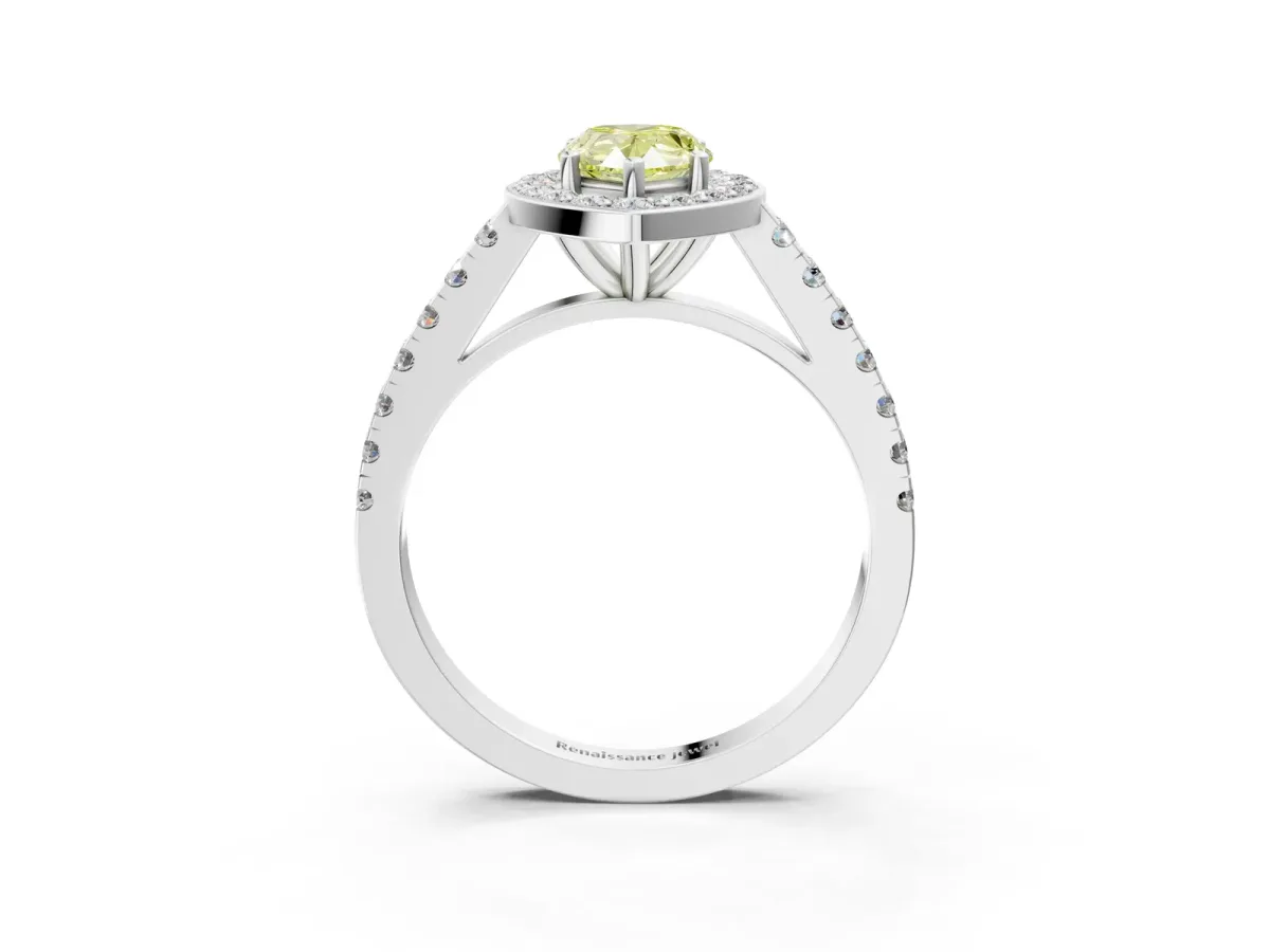 Fancy Yellow Pear Cut Diamond Halo Ring with Round Pavé Split Shank and Prong Setting Platinum