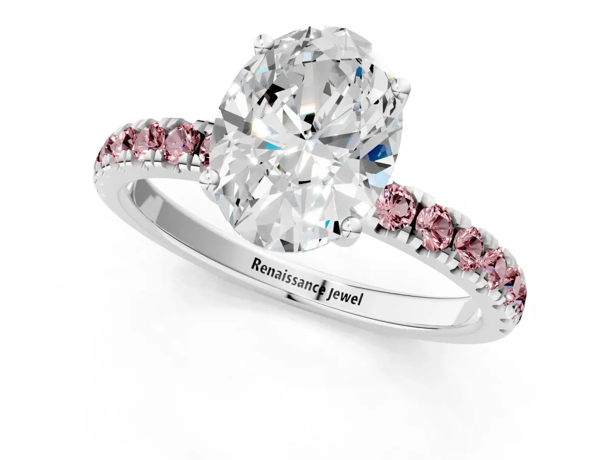 Oval Cut Diamond Pave Band Solitaire Ring with Round Morganite and Prong Setting Platinum