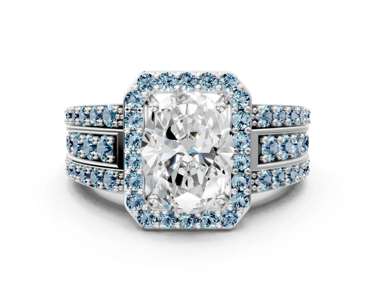 Oval Cut Halo Diamond Ring with Round Aquamarine Split Shank and Prong Setting Silver