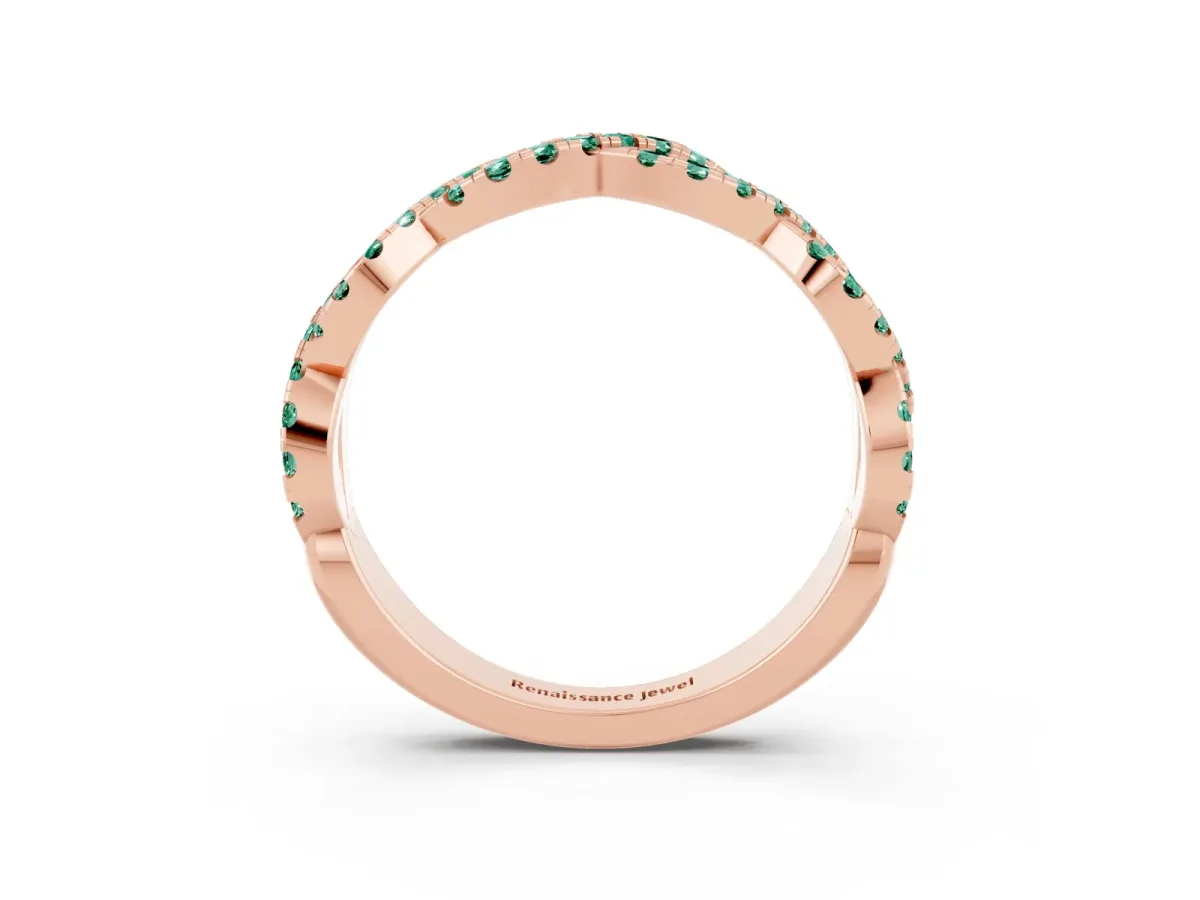 Round Green Sapphire Twisted Eternity Band with Pavé and Shared Prong Setting Rose gold
