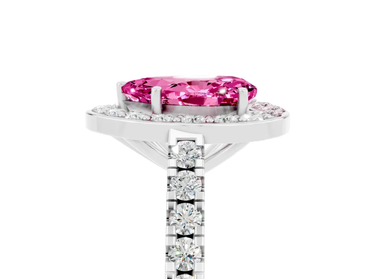 Pear Cut Pink Sapphire Halo Ring with Round Pavé Split Shank and Prong Setting Platinum