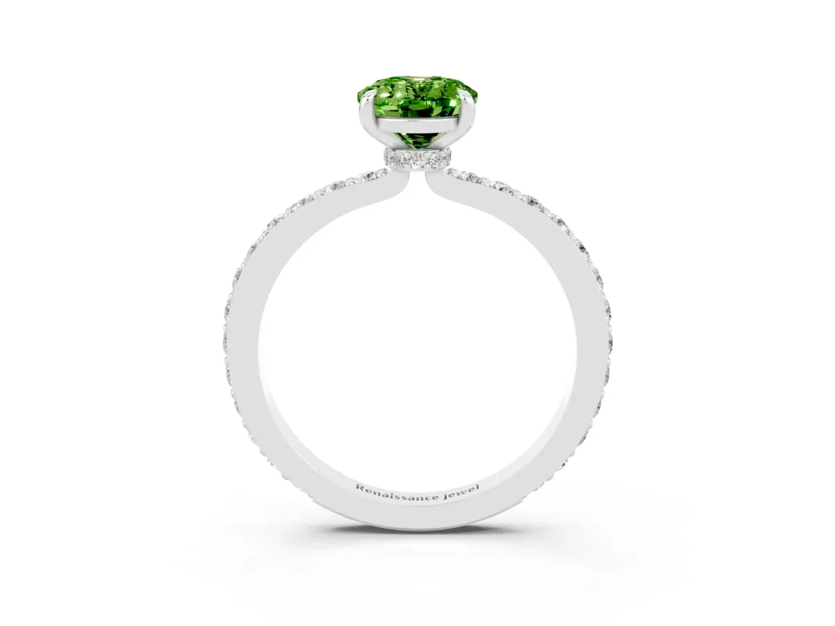 Oval Cut Peridot Solitaire Engagement Ring with Pavé Band and Four-Prong Setting Silver