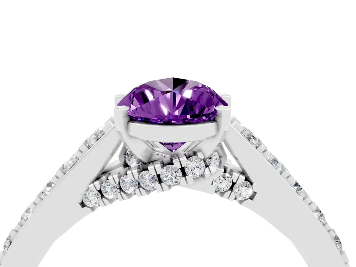 Pear Cut Amethyst Solitaire Ring with Crossover Gallery and Round Pavé Band Silver