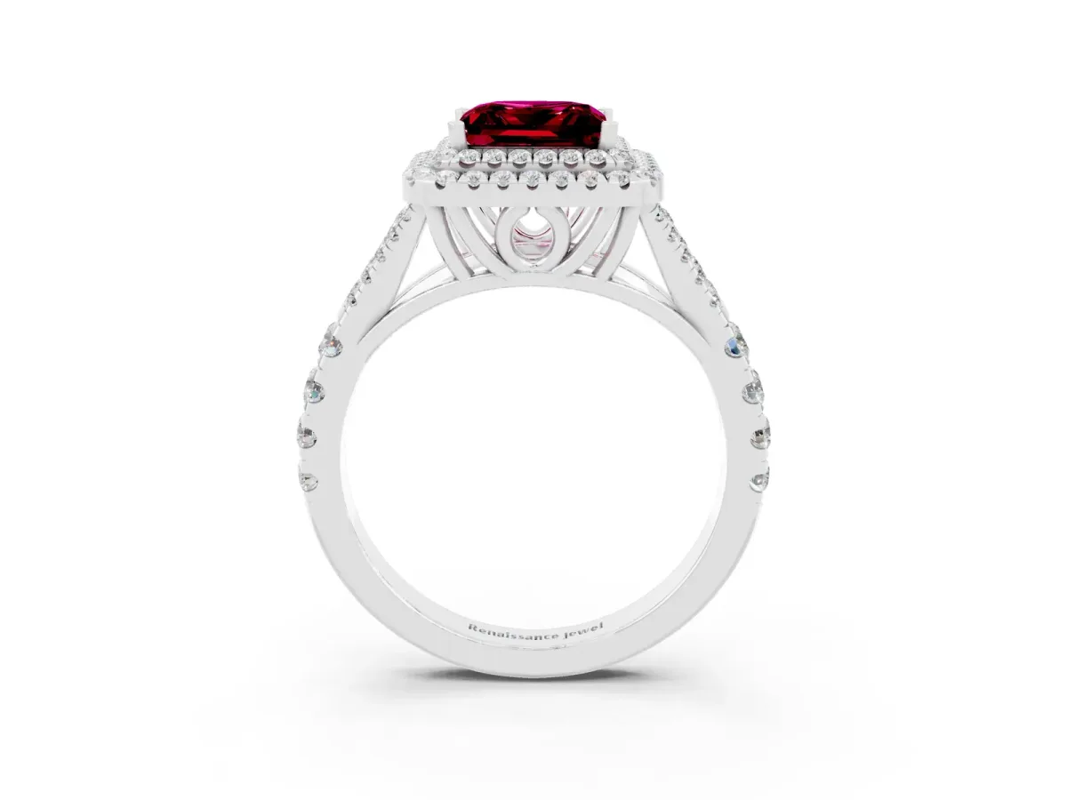Double Halo Princess Cut Garnet Split Shank Engagement Ring with Four-Prong Setting White gold