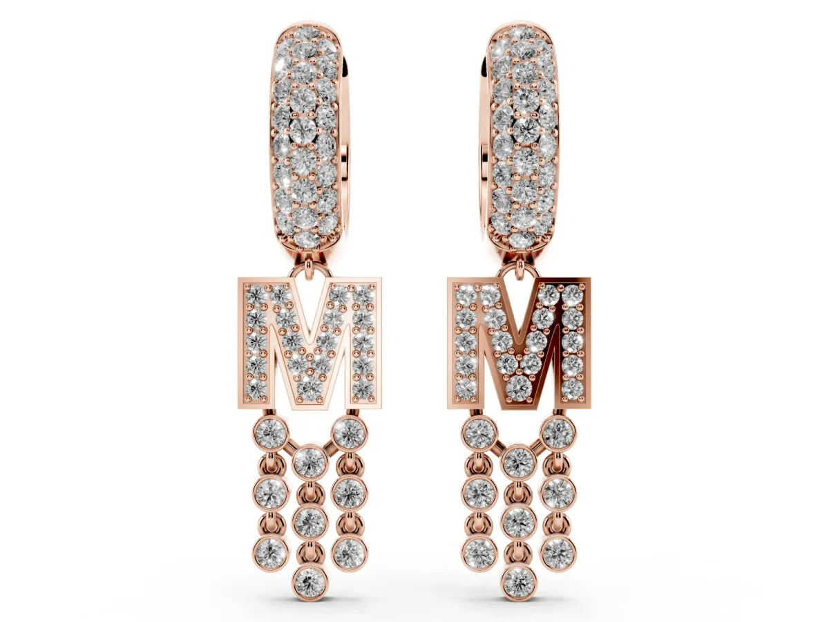 Round Diamond Initial M Huggie Hoop Earrings Rose gold