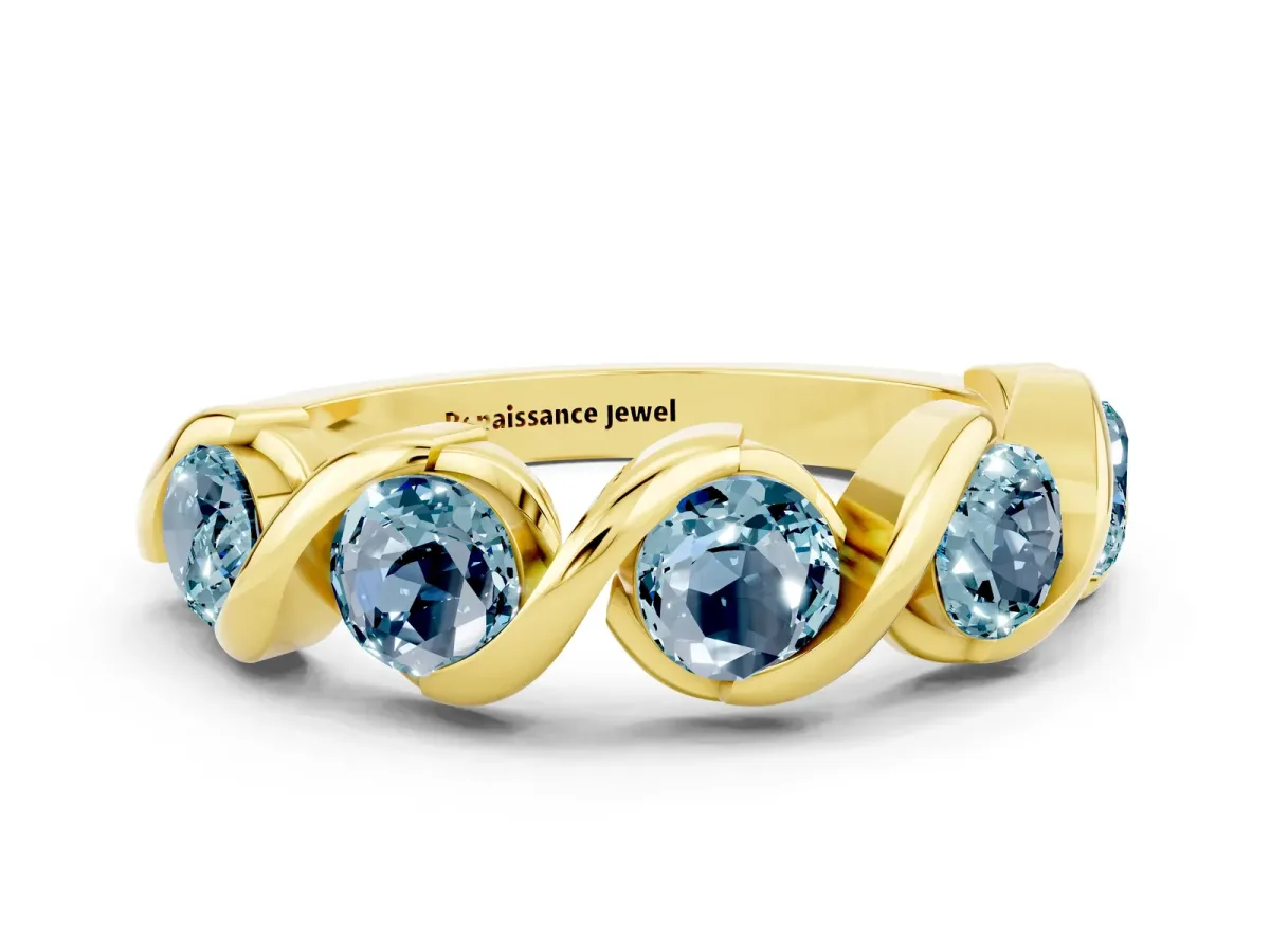 Round Aquamarine Wave Band with Channel Setting and Shared Prongs Yellow gold