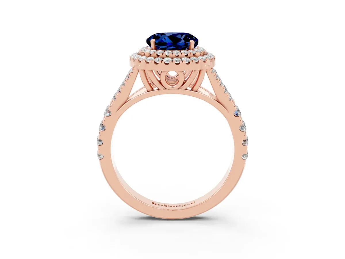 Round Cut Blue Sapphire Double Halo Ring with Split Shank and Prong Setting Rose gold