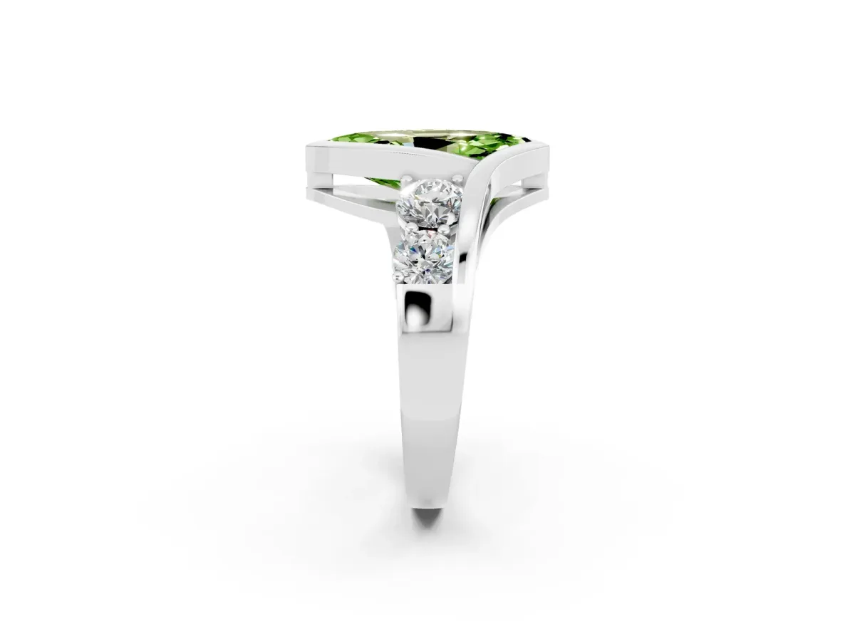 Bezel Set Marquise Cut Peridot Bypass Ring with Round Accents Platinum