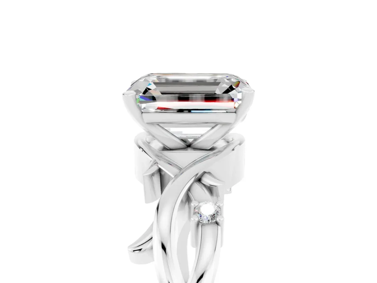 Emerald Cut Moissanite Solitaire Ring with Twisted Band and Prong Setting Platinum