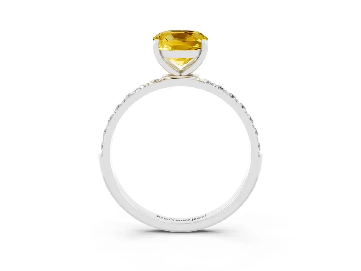 Cushion Cut Yellow Sapphire Solitaire Ring with Round Pavé Band and Prong Setting Silver