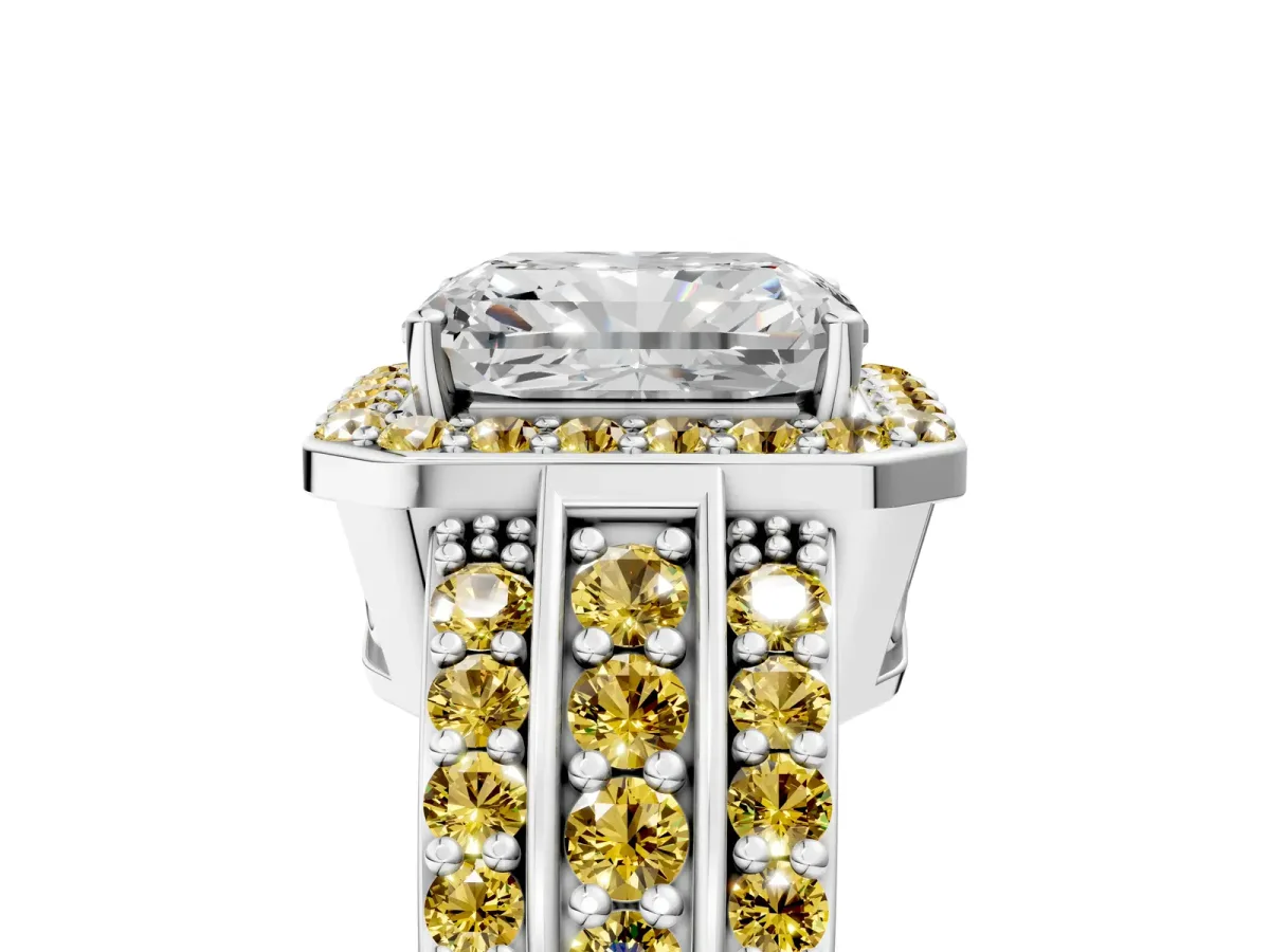 Radiant Cut Halo Diamond Ring with Round Yellow Sapphire Split Shank and Prong Setting Silver