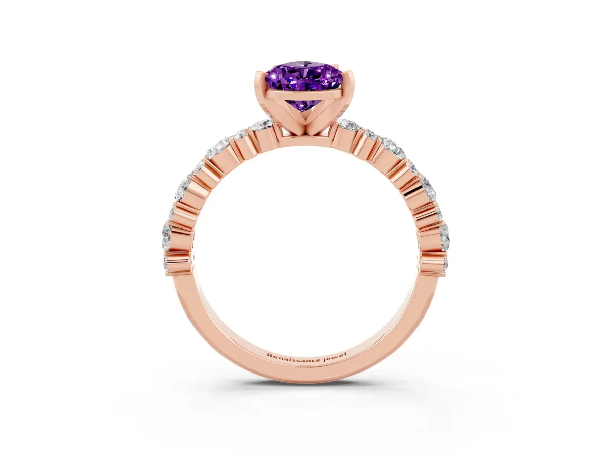 Pear Cut Amethyst Side Stone Solitaire Ring with Round and Four-Prong Setting Rose gold