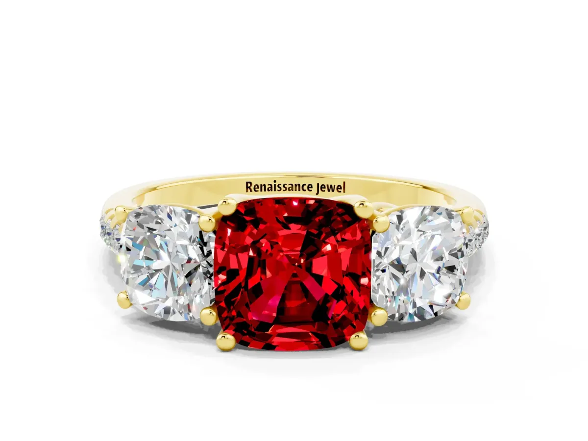 Three-Stone Cushion Cut Ruby Ring with Round Pavé Band and Prong Setting Yellow gold