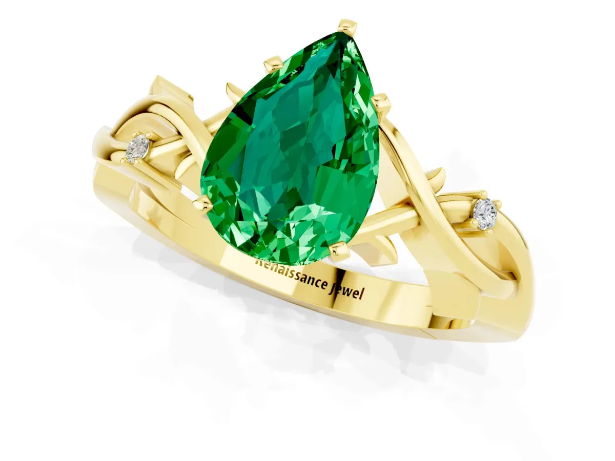 Pear Cut Emerald Solitaire Ring with Twisted Band and Prong Setting Yellow gold