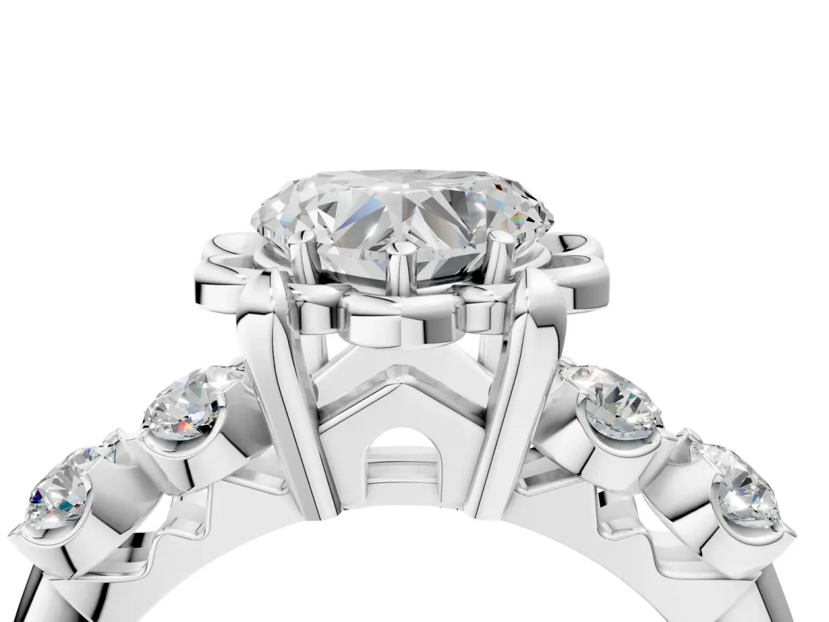 Heart Cut Cut Diamond Floral Halo Engagement Ring with Shared Prong Setting Silver