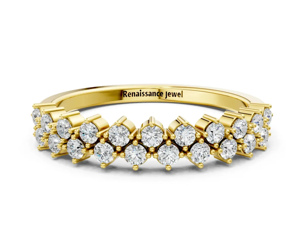 Round Diamond Prong Set Chevron Band Yellow gold