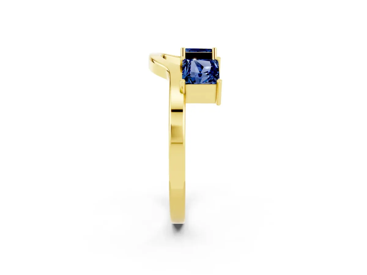 Princess Cut Blue Sapphire Two-Stone Open Band Ring with Four-Prong Setting Yellow gold