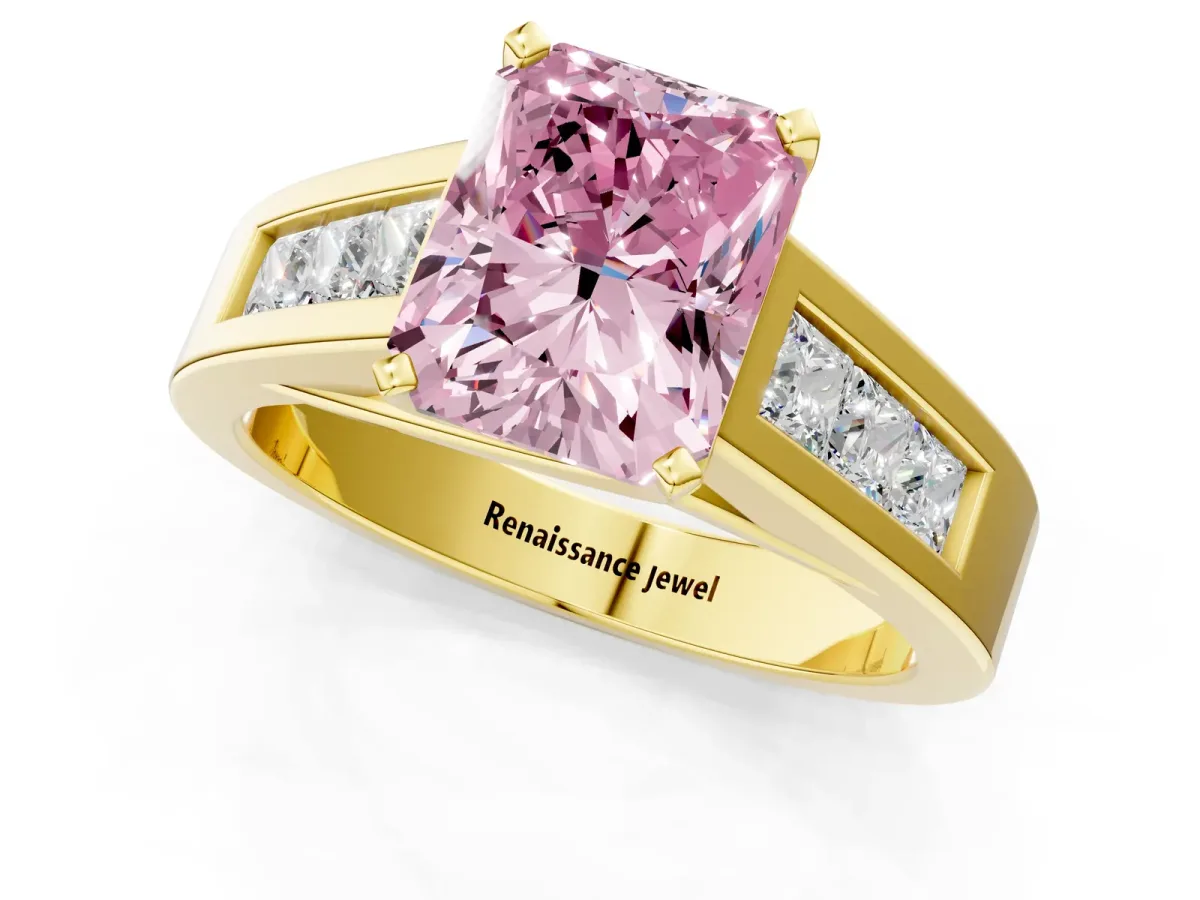 Fancy Pink Radiant Cut Cut Channel Set Solitaire Ring with Four-Prong Setting Yellow gold