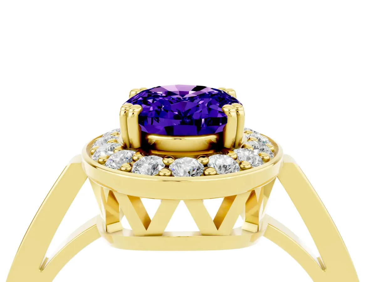 Oval Cut Tanzanite Halo Ring with Split Shank and Four-Prong Setting Yellow gold