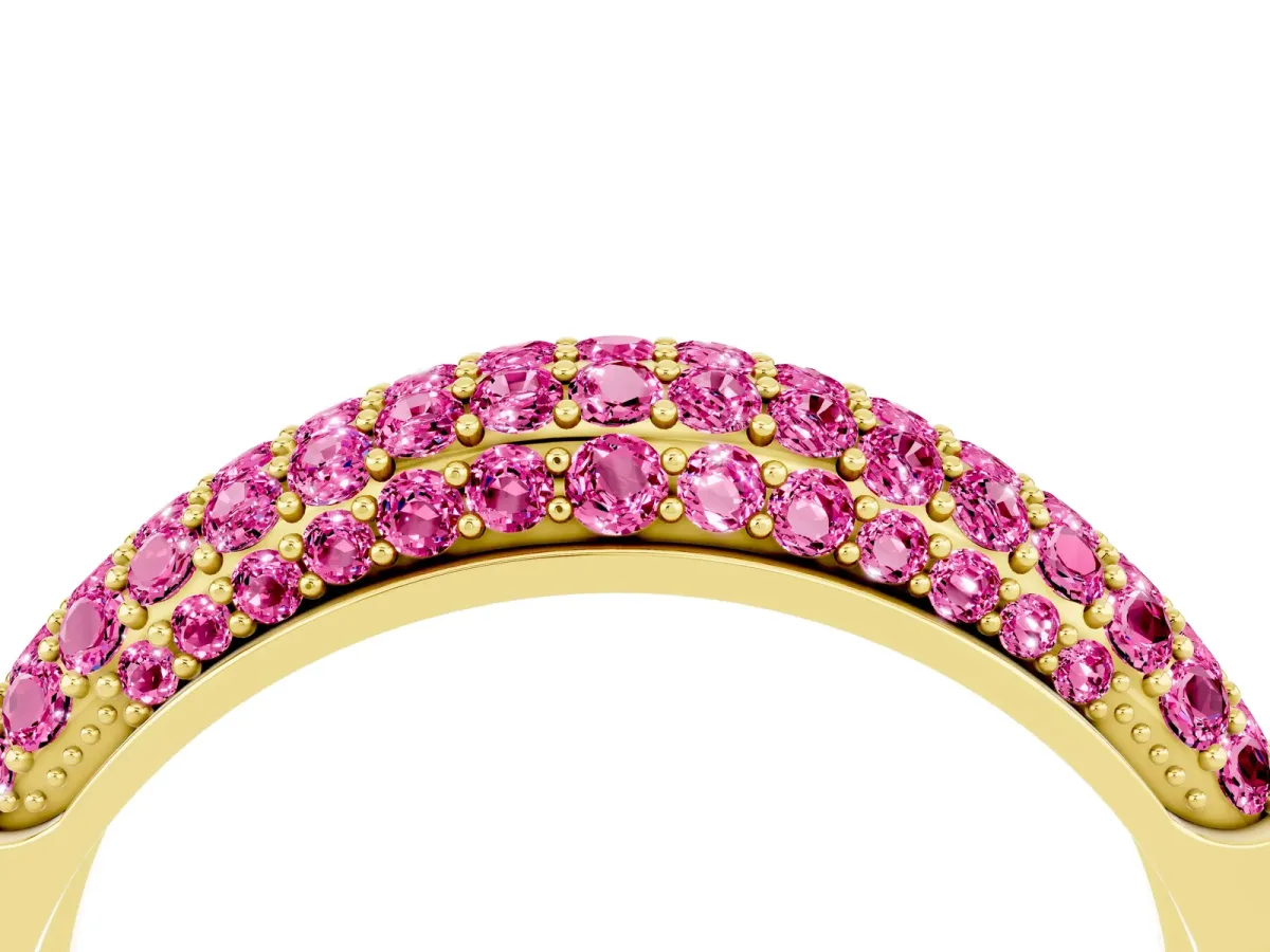 Three-Row Pavé Round Pink Sapphire Dome Band Yellow gold