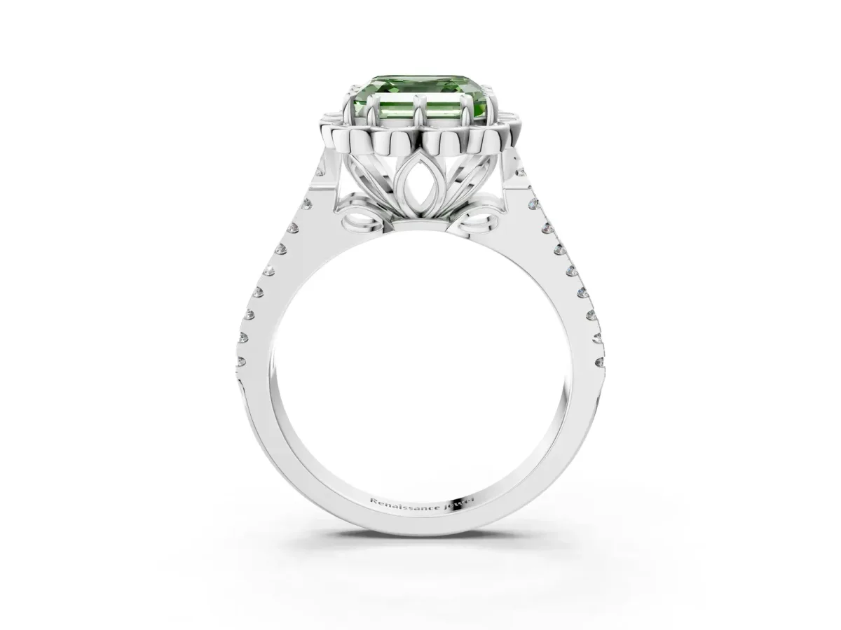 Fancy Green Asscher Cut Halo Diamond Floral Split Shank Engagement Ring Platinum