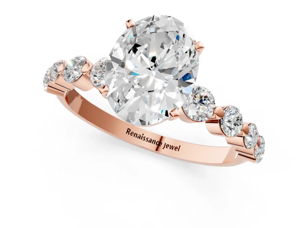 Oval Cut Solitaire Diamond Ring with Pave Band and Four-Prong Setting Rose gold