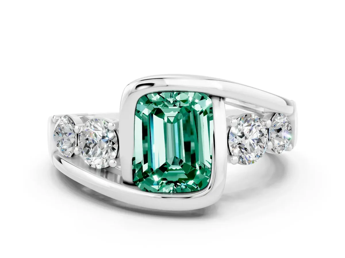 Bezel Set Emerald Cut Green Sapphire Bypass Ring with Round Accents Silver