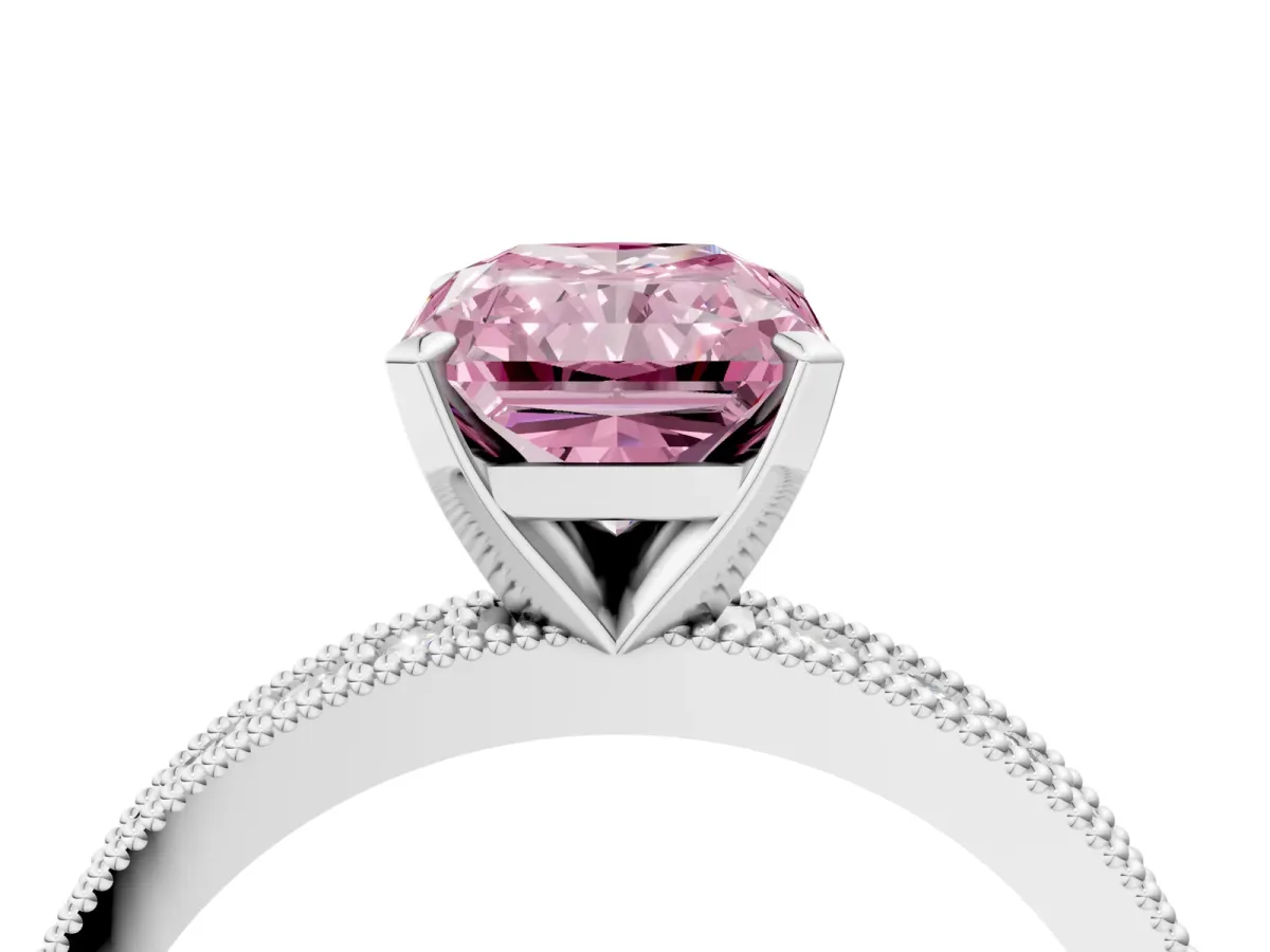 Fancy Pink Radiant Cut Diamond Milgrain Pavé Engagement Ring with Four-Prong Setting Platinum