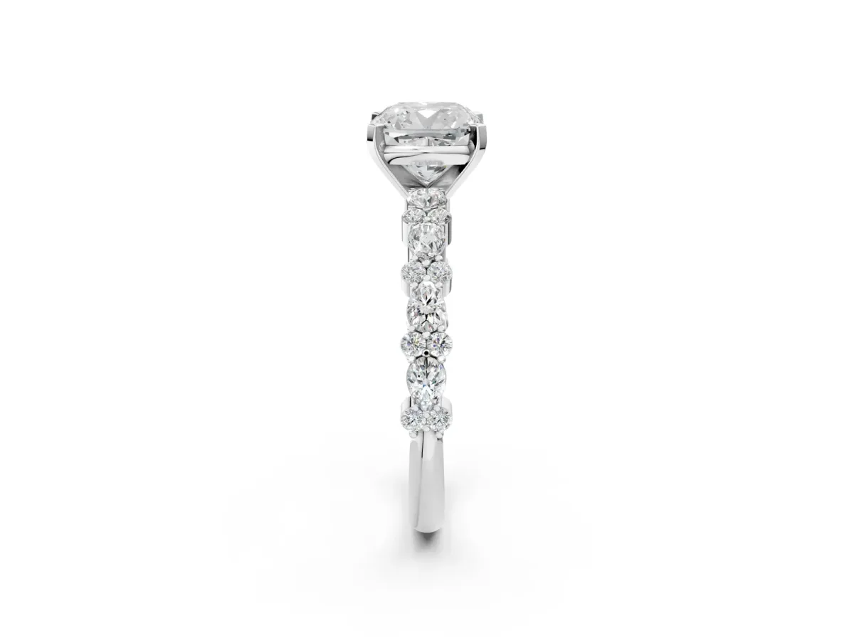 Cushion Cut Diamond Side Stone Solitaire Ring with Round Moissanite and Four-Prong Setting Platinum
