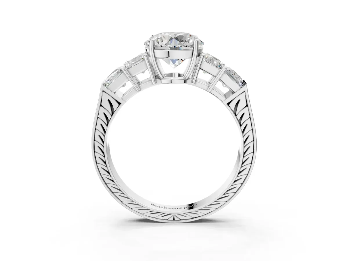 Round Cut Solitaire Princess Side Stone Engraved Band Prong Setting Ring Silver