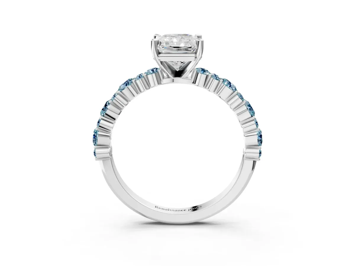 Radiant Cut Diamond Side Stone Solitaire Ring with Round Aquamarine and Four-Prong Setting Silver