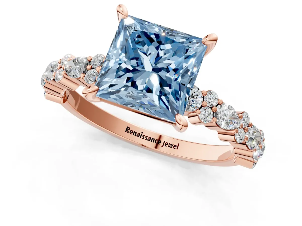 Fancy Blue Princess Cut Diamond Side Stone Solitaire Ring with Round and Four-Prong Setting Rose gold