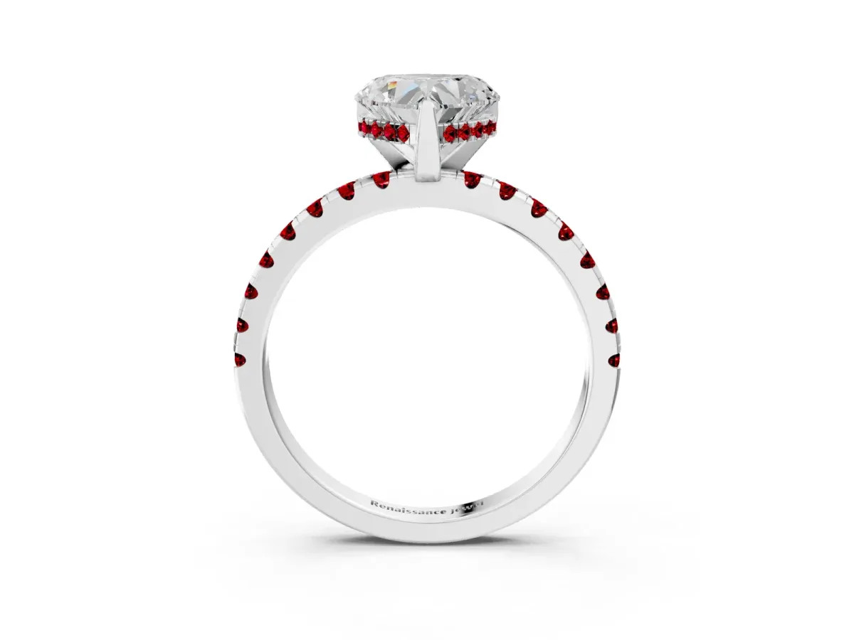 Heart Cut Diamond Solitaire Ring with Round Ruby Pavé Band and Four-Prong Setting Silver